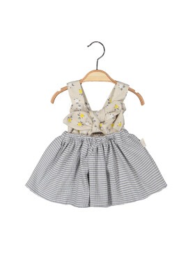 Toptan Kız Bebek Çizgili Elbise 6-18M Boncuk Bebe 1006-6091 Bej