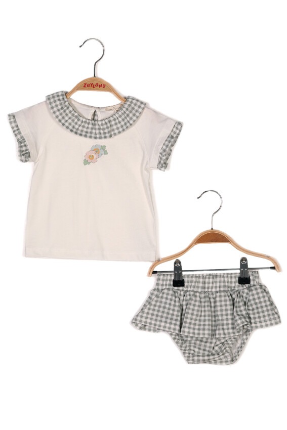 Toptan Kız Bebek Ekose Yaka Detaylı T-Shirt ve Fırfırlı Külot Takım 6-24M Zeyland 1070-231M2ANZ76 - 1