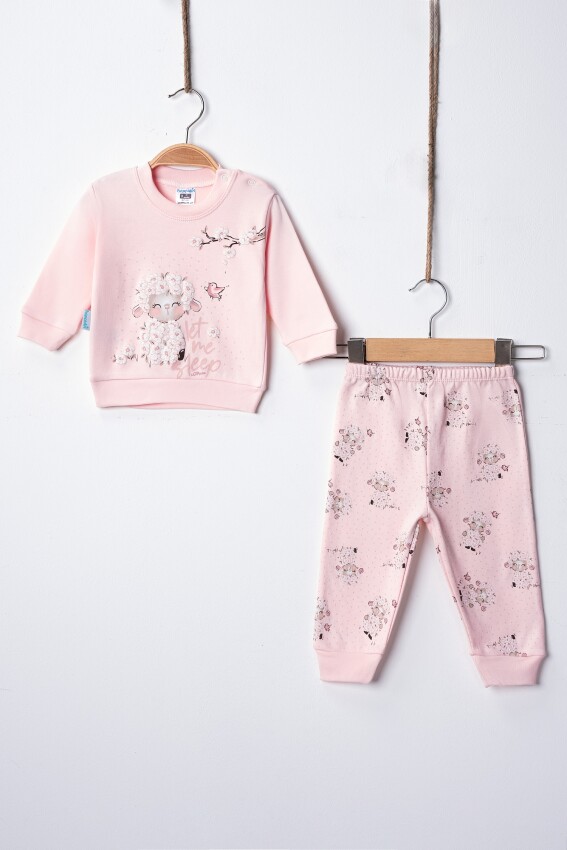 Toptan Kız Bebek Kuzu Baskılı Pijama Takımı 3-9M Hoppidik 2017-2392 - 2