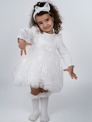 Toptan Kız Bebek Pullu Elbise 6-24M Serkon Baby&Kids 1084-M0598 Ekru