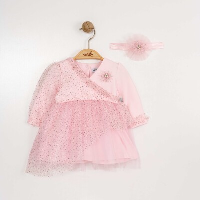 Toptan Kız Bebek Saç Bantlı Elbise 0-12M Miniborn 2019-3308 Pembe
