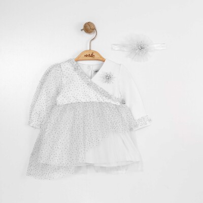 Toptan Kız Bebek Saç Bantlı Elbise 0-12M Miniborn 2019-3308 Ekru