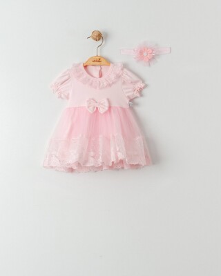 Toptan Kız Bebek Taçlı Elbise 0-12M Miniborn 2019-3423 Pembe
