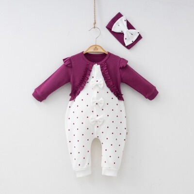 Toptan Kız Bebek Tulum ve Bandana Takım 3-9M Minizeyn 2014-3005 Mürdüm