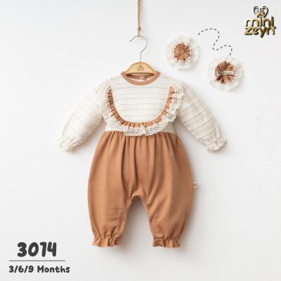 Toptan Kız Bebek Tulum ve Saç Tokası 3-9M Minizeyn 2014-3014 Kahverengi