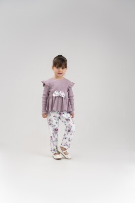 Toptan Kız Çocuk 2'li Bluz ve Çiçek Desenli Pantolonlu Takım 1-3Y Eray Kids 1044-13253 Lila