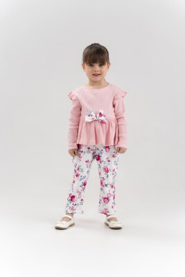 Toptan Kız Çocuk 2'li Bluz ve Çiçek Desenli Pantolonlu Takım 1-3Y Eray Kids 1044-13253 Pembe