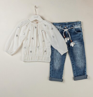 Toptan Kız Çocuk 2'li Bluz ve Kot Pantolon Takım 2-5Y Sani 1068-9799 Beyaz