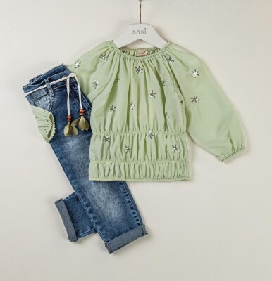 Toptan Kız Çocuk 2'li Bluz ve Kot Pantolon Takım 2-5Y Sani 1068-9799 Mint yeşili
