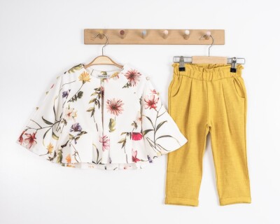 Toptan Kız Çocuk 2'li Bluz ve Pantolon 3-7Y Moda Mira 1080-7102 Bal Köpüğü
