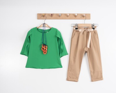 Toptan Kız Çocuk 2'li Bluz ve Pantolon Takım 3-7Y Moda Mira 1080-7072 Yeşil