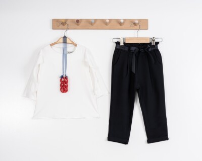 Toptan Kız Çocuk 2'li Bluz ve Pantolon Takım 3-7Y Moda Mira 1080-7072 Ekru
