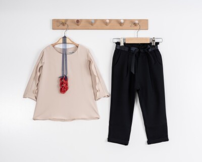Toptan Kız Çocuk 2'li Bluz ve Pantolon Takım 3-7Y Moda Mira 1080-7072 Bej