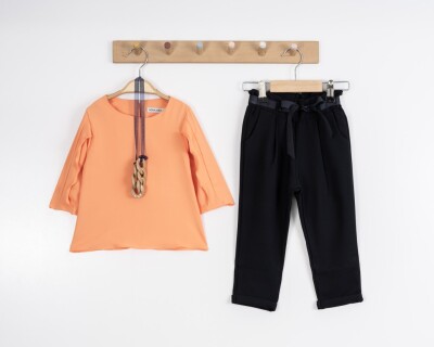 Toptan Kız Çocuk 2'li Bluz ve Pantolon Takım 3-7Y Moda Mira 1080-7072 Turuncu