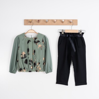 Toptan Kız Çocuk 2'li Bluz ve Pantolon Takımı 2-6Y Moda Mira 1080-7027 Haki