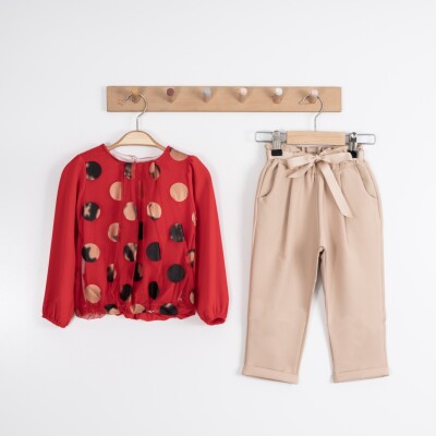 Toptan Kız Çocuk 2'li Bluz ve Pantolon Takımı 2-6Y Moda Mira 1080-7027 Kırmızı