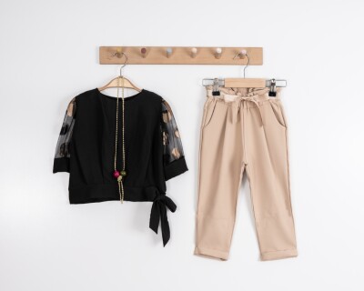 Toptan Kız Çocuk 2'li Bluz ve Pantolon Takımı 3-7Y Moda Mira 1080-7021 Siyah