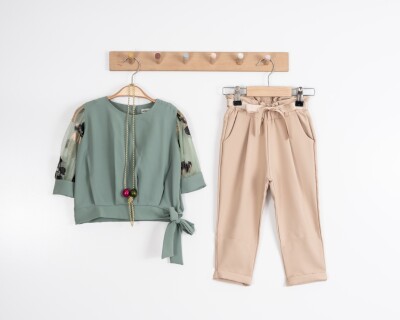 Toptan Kız Çocuk 2'li Bluz ve Pantolon Takımı 3-7Y Moda Mira 1080-7021 Haki