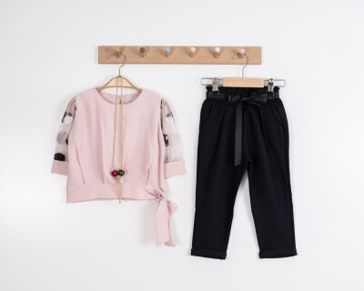 Toptan Kız Çocuk 2'li Bluz ve Pantolon Takımı 3-7Y Moda Mira 1080-7021 Açık Pembe