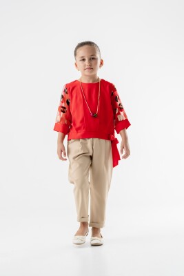 Toptan Kız Çocuk 2'li Bluz ve Pantolon Takımı 3-7Y Moda Mira 1080-7021 Kırmızı