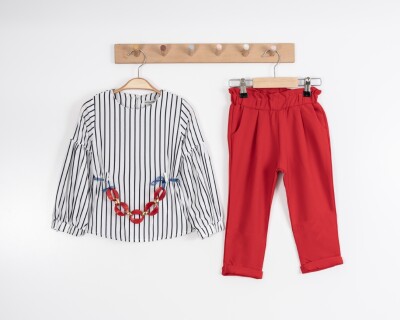 Toptan Kız Çocuk 2'li Bluz ve Pantolon Takımı 3-7Y Moda Mira 1080-7025 Kırmızı