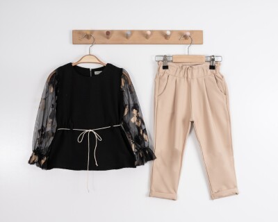 Toptan Kız Çocuk 2'li Bluz ve Pantolon Takımı 3-7Y Moda Mira 1080-7030 Siyah