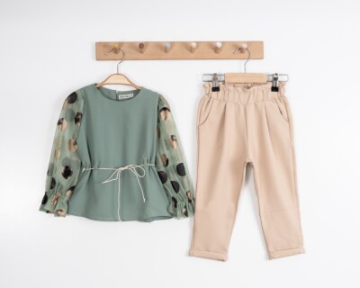 Toptan Kız Çocuk 2'li Bluz ve Pantolon Takımı 3-7Y Moda Mira 1080-7030 Haki