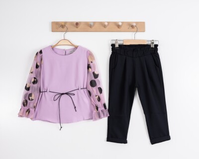 Toptan Kız Çocuk 2'li Bluz ve Pantolon Takımı 3-7Y Moda Mira 1080-7030 Lila