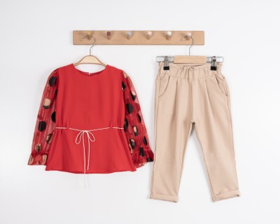 Toptan Kız Çocuk 2'li Bluz ve Pantolon Takımı 3-7Y Moda Mira 1080-7030 Kırmızı