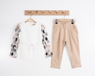Toptan Kız Çocuk 2'li Bluz ve Pantolon Takımı 3-7Y Moda Mira 1080-7030 Ekru