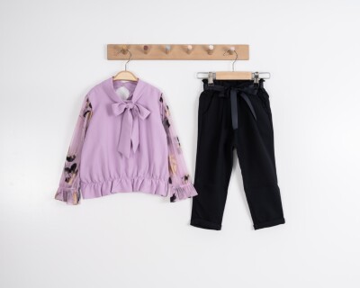 Toptan Kız Çocuk 2'li Bluz ve Pantolon Takımı 3-7Y Moda Mira 1080-7033 Lila