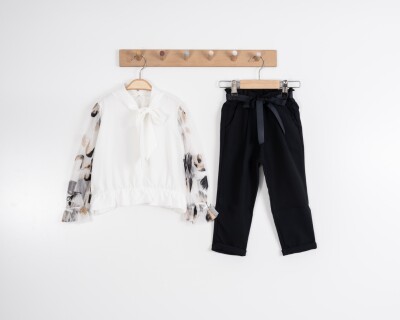 Toptan Kız Çocuk 2'li Bluz ve Pantolon Takımı 3-7Y Moda Mira 1080-7033 Ekru