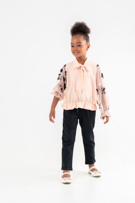 Toptan Kız Çocuk 2'li Bluz ve Pantolon Takımı 3-7Y Moda Mira 1080-7033 Somon