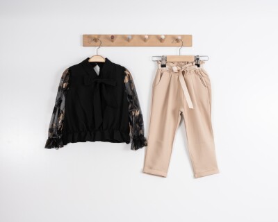 Toptan Kız Çocuk 2'li Bluz ve Pantolon Takımı 3-7Y Moda Mira 1080-7033 Siyah