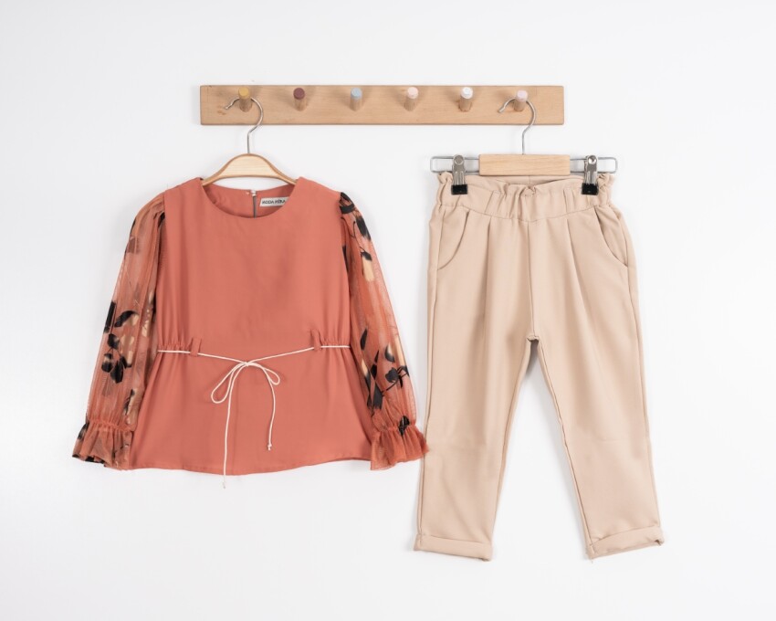Toptan Kız Çocuk 2'li Bluz ve Pantolon Takımı 8-12Y Moda Mira 1080-7031 - 6