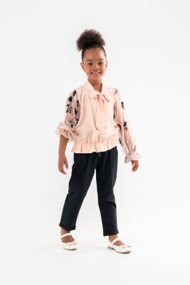 Toptan Kız Çocuk 2'li Bluz ve Pantolon Takımı 8-12Y Moda Mira 1080-7034 Somon