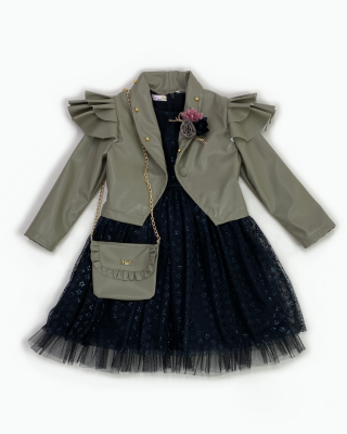 Toptan Kız Çocuk 2'li Çantalı Ceket ve Elbise Takımı 2-6Y Miss Lore 1055-5203 Yeşil