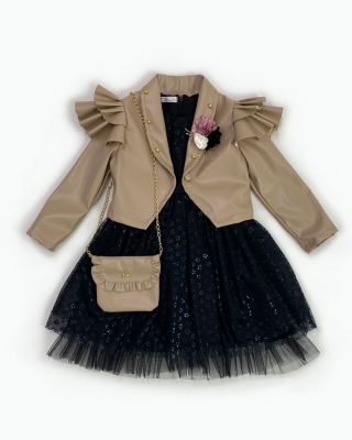 Toptan Kız Çocuk 2'li Çantalı Ceket ve Elbise Takımı 2-6Y Miss Lore 1055-5203 Bej