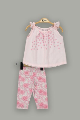 Toptan Kız Çocuk 2'li Çiçekli Tayt ve Kolsuz Bluz Takım 2-5Y Kumru Bebe 1075-3657 Pembe
