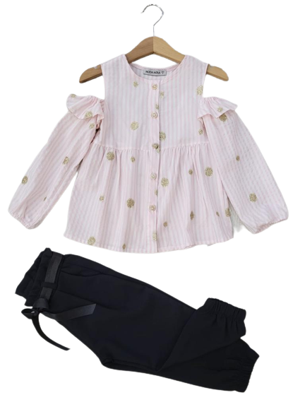Toptan Kız Çocuk 2'li Çizgili Gömlek ve Pantolon Takım 2-6Y Moda Mira 1080-6077 - 6