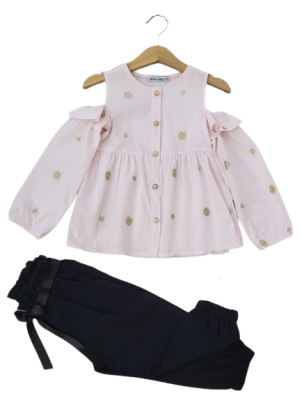 Toptan Kız Çocuk 2'li Çizgili Gömlek ve Pantolon Takım 2-6Y Moda Mira 1080-6077 Pembe
