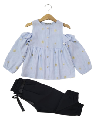 Toptan Kız Çocuk 2'li Çizgili Gömlek ve Pantolon Takım 2-6Y Moda Mira 1080-6077 - 8