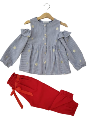 Toptan Kız Çocuk 2'li Çizgili Gömlek ve Pantolon Takım 2-6Y Moda Mira 1080-6077 - 10