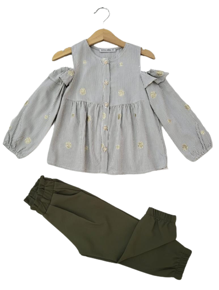 Toptan Kız Çocuk 2'li Çizgili Gömlek ve Pantolon Takım 2-6Y Moda Mira 1080-6077 - 11