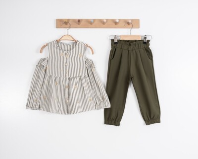 Toptan Kız Çocuk 2'li Çizgili Gömlek ve Pantolon Takım 2-6Y Moda Mira 1080-6077 - Moda Mira (1)
