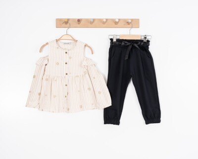 Toptan Kız Çocuk 2'li Çizgili Gömlek ve Pantolon Takım 2-6Y Moda Mira 1080-6077 Bej