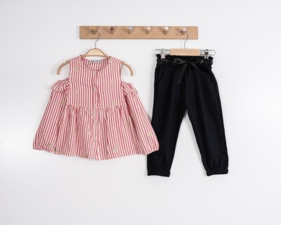 Toptan Kız Çocuk 2'li Çizgili Gömlek ve Pantolon Takım 2-6Y Moda Mira 1080-6077 Kırmızı