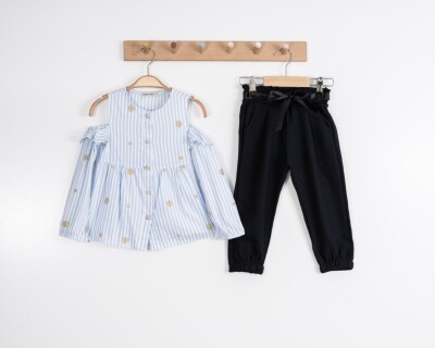 Toptan Kız Çocuk 2'li Çizgili Gömlek ve Pantolon Takım 2-6Y Moda Mira 1080-6077 - 3