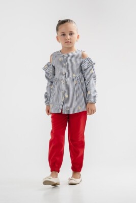 Toptan Kız Çocuk 2'li Çizgili Gömlek ve Pantolon Takım 2-6Y Moda Mira 1080-6077 - 1
