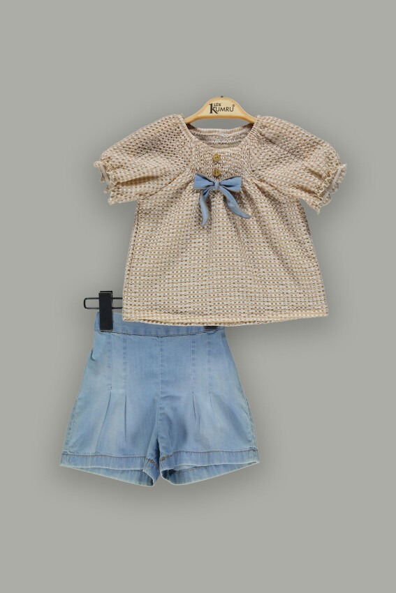 Toptan Kız Çocuk 2'li Ekose Bluz ve Denim Şort Takım 2-5Y Kumru Bebe 1075-3699 - 2